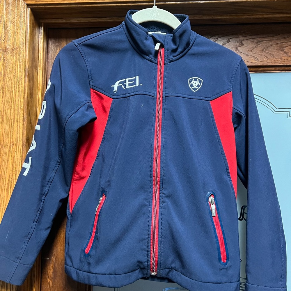 Ariat FEI Girls Navy and Red Jacket with Logo med 8/10